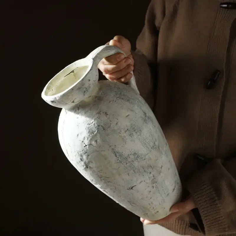 Decorbites™ rustic handmade ceramic vase featuring a white speckled pitcher with cracked glaze and sturdy handle
