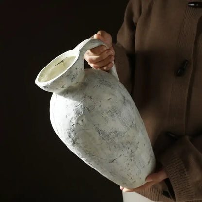 Decorbites™ rustic handmade ceramic vase featuring a white speckled pitcher with cracked glaze and sturdy handle
