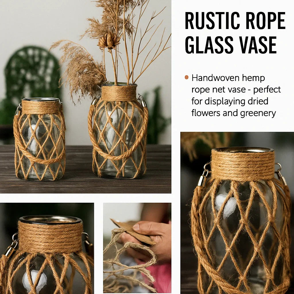 DecorBites™ Rustic Hanging Glass Vase with Hemp Rope