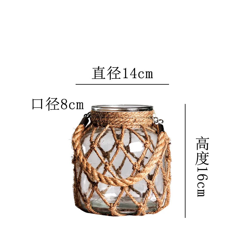 Rustic Hanging Glass Vase with Hemp Rope - 14x16x8 cm - Vase