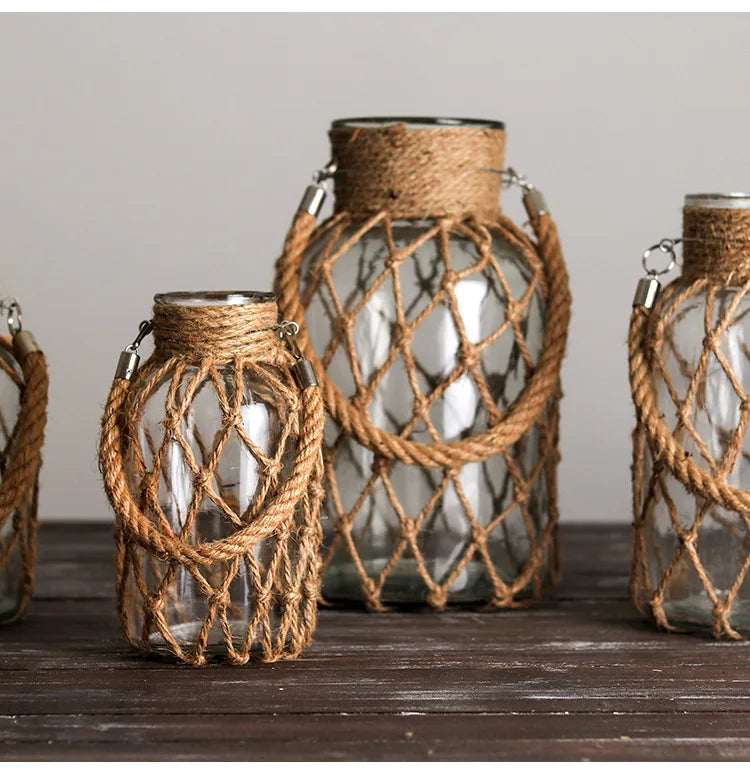 Rustic Hanging Glass Vase with Hemp Rope - Vase
