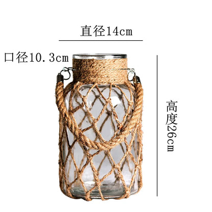 Rustic Hanging Glass Vase with Hemp Rope - 14x26x10 cm - Vase
