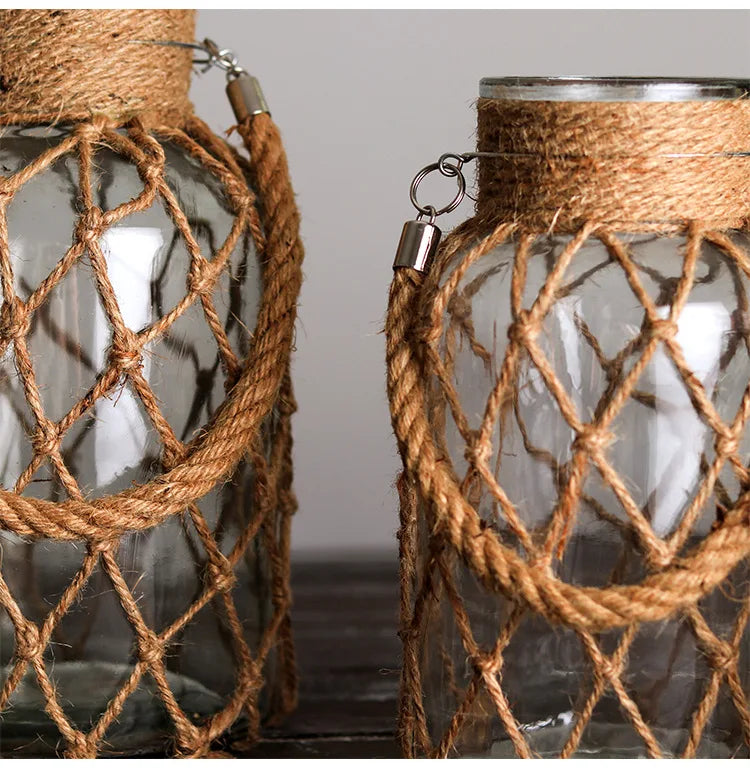 Rustic Hanging Glass Vase with Hemp Rope - Vase