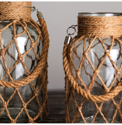 Rustic Hanging Glass Vase with Hemp Rope - Vase