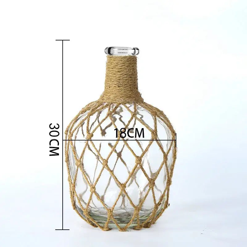 DecorBites™ rustic hanging glass vase with clear glass bottle wrapped in textured woven jute netting and hemp rope