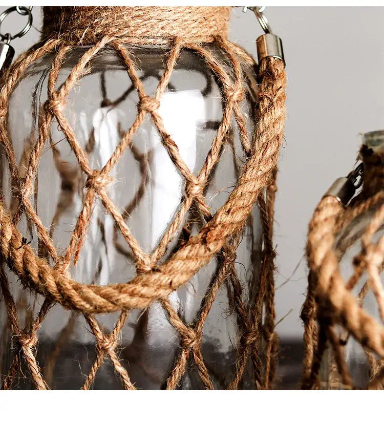 DecorBites™ rustic hanging glass vase with clear glass and natural brown hemp rope for decorative use