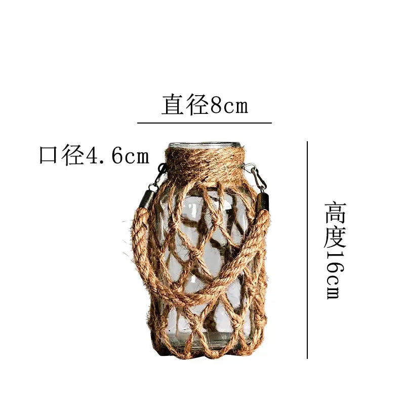 Decorbites™ rustic hanging glass vase with clear glass, jute rope netting, and metal clasps for hanging glass use