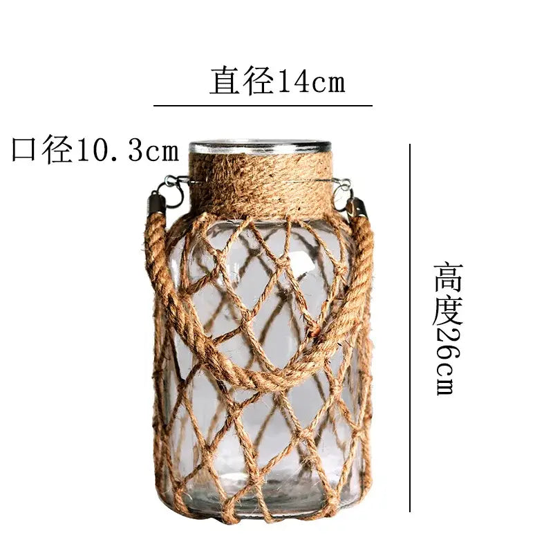 Decorbites™ rustic hanging glass vase wrapped in natural hemp rope with metal rings for hanging glass vase use