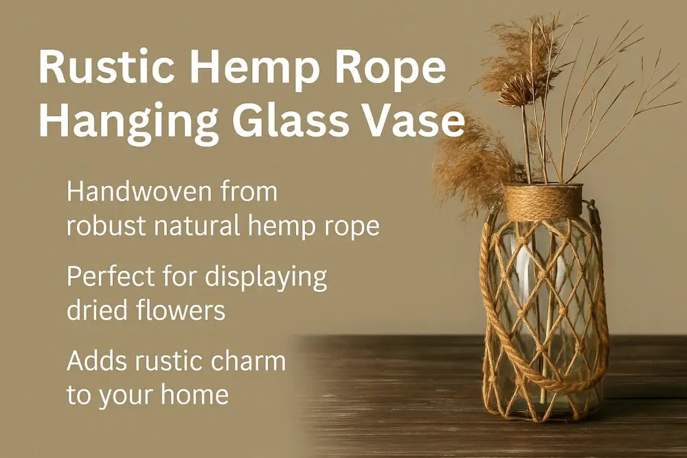 Decorbites™ rustic hanging glass vase wrapped in handwoven tan hemp rope with intricate lattice design