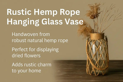 Decorbites™ rustic hanging glass vase wrapped in handwoven tan hemp rope with intricate lattice design