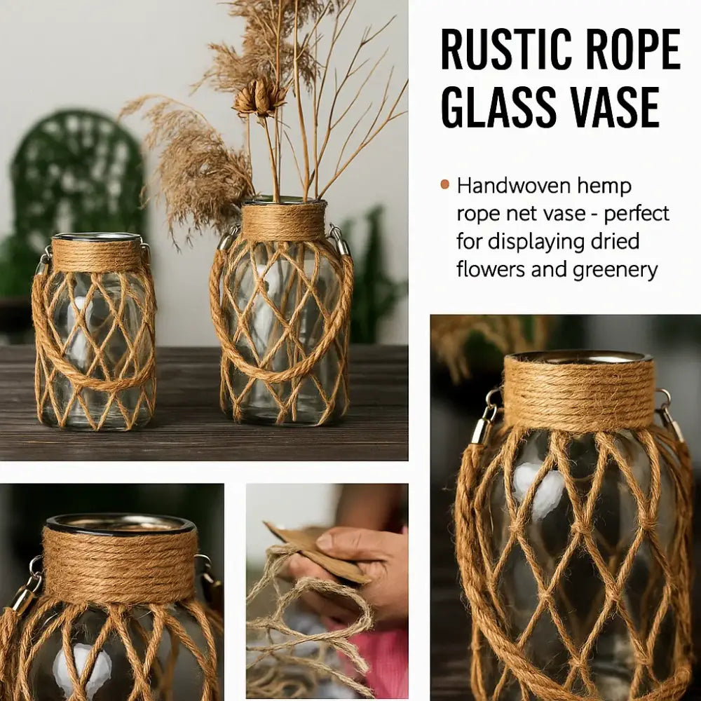 Decorbites rustic hanging glass vase with clear jar encased in natural-colored handwoven hemp rope net with metal clasps
