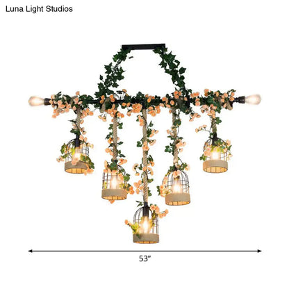 DecorBites™ rustic iron birdcage island ceiling light with five vine-adorned cages for dining room suspended lighting fixture