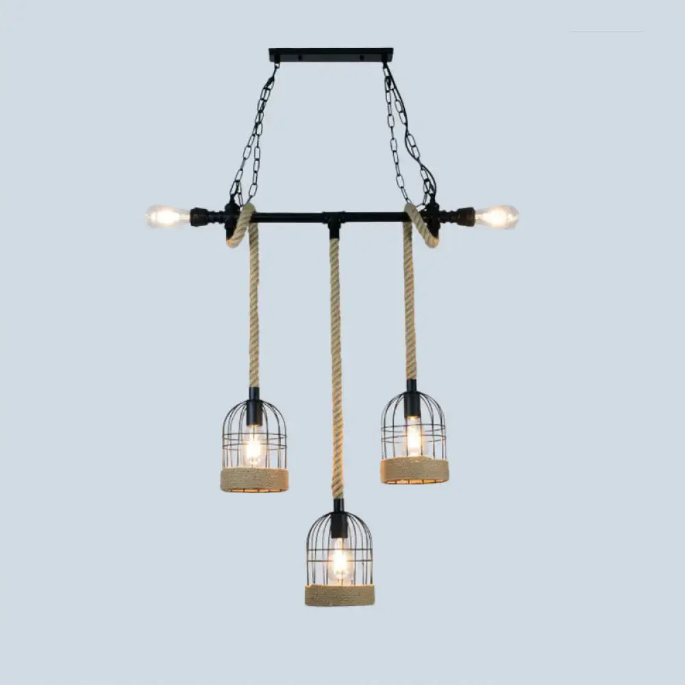 Decorbites rustic iron birdcage suspended lighting fixture with three black metal and beige rope lights for dining room ceiling