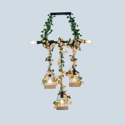 DecorBites™ rustic iron birdcage island suspended lighting fixture with green vines for dining room ceiling light