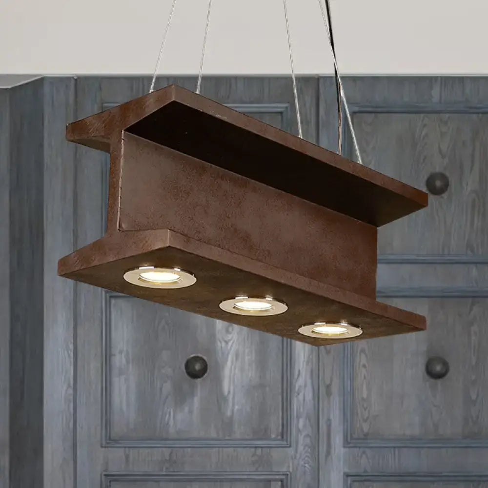 DecorBites™ rustic iron industrial H-beam pendant light with three e26 e27 recessed bulbs and brown metal finish