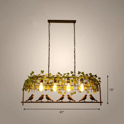 DecorBites™ rustic island ceiling light featuring a bronze birdcage fixture with ivy vines and industrial style bulbs