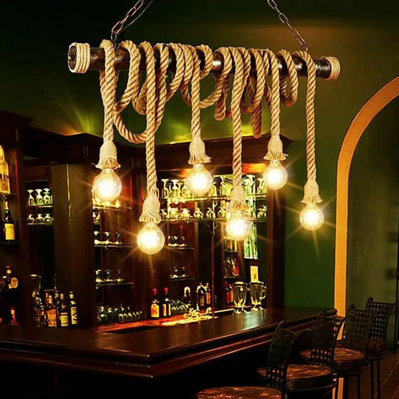 Industrial-style decorbites rustic jute rope island pendant light with beige rope and glowing bulbs for farmhouse use
