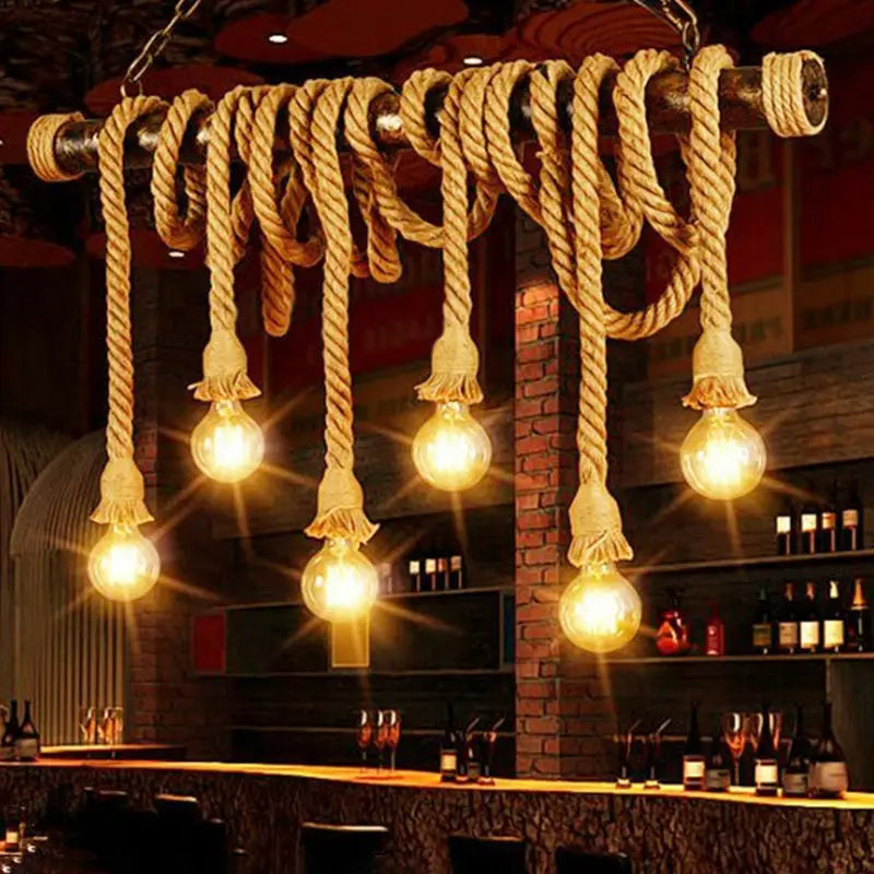 Rustic industrial chandelier with thick beige jute rope and exposed edison bulbs for farmhouse jute rope island pendant