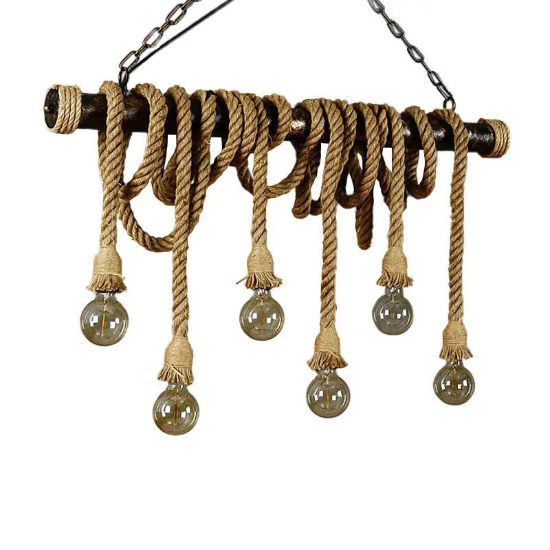 DecorBites rustic jute rope island pendant light with dark wood beam beige rope wrapping and clear glass globe bulbs