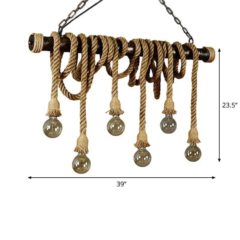 Rustic jute rope island pendant light with five clear glass bulbs hanging from dark wooden bar for wine bar lighting