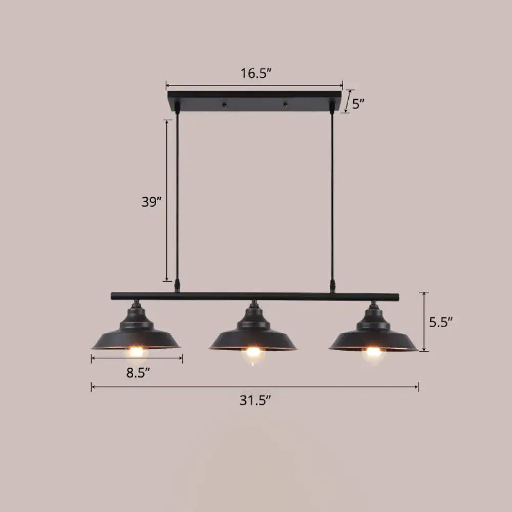 Black industrial-style three-light pendant ceiling light with matte dark coffee metal shades and rectangular mounting bar 220v-240v 110v-120v