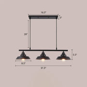 Black industrial-style three-light pendant ceiling light with matte dark coffee metal shades and rectangular mounting bar 220v-240v 110v-120v
