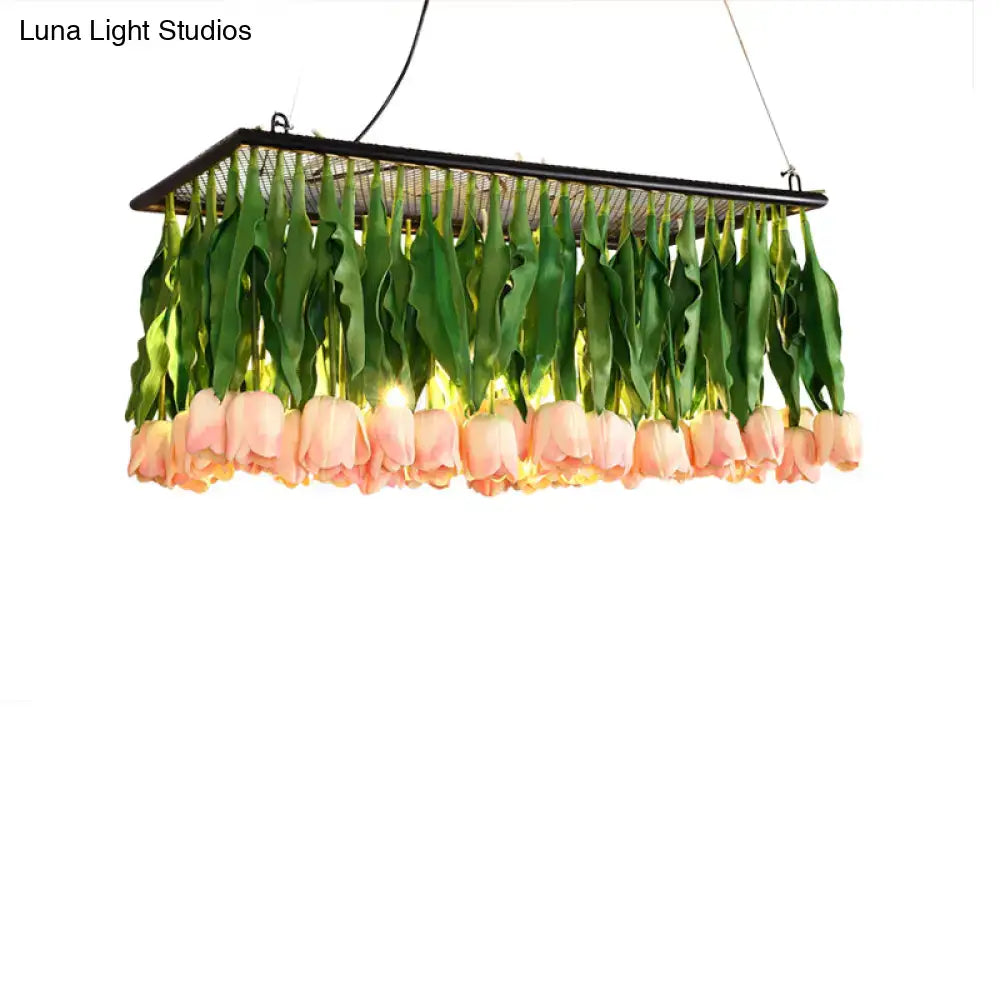 DecorBites™ rustic metal 4-light hanging light fixture with pink tulip bouquet and green leaves for restaurant use