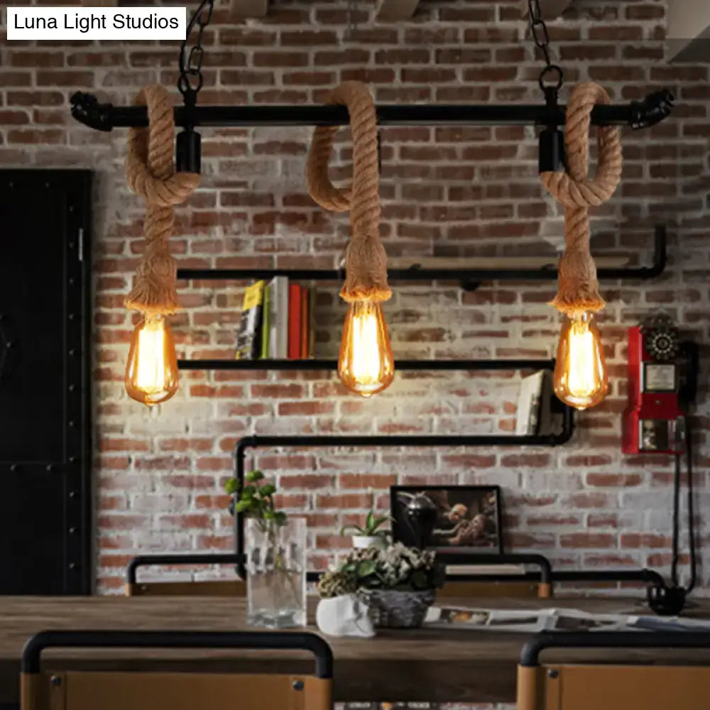 Decorbites rustic metallic black water pipe hanging lamp with three edison bulbs and hemp rope chandelier light