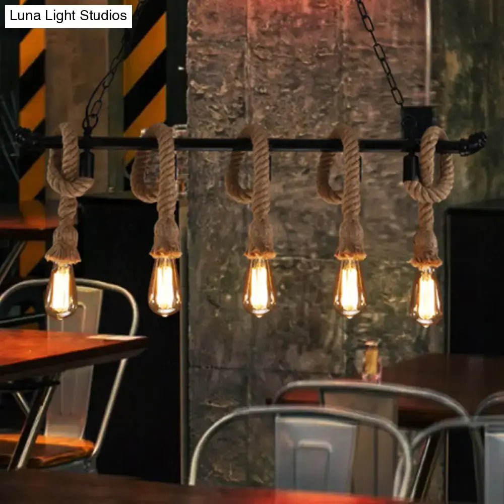 DecorBites Rustic metallic water pipe hanging lamp with five glowing Edison bulbs and hemp rope chandelier light