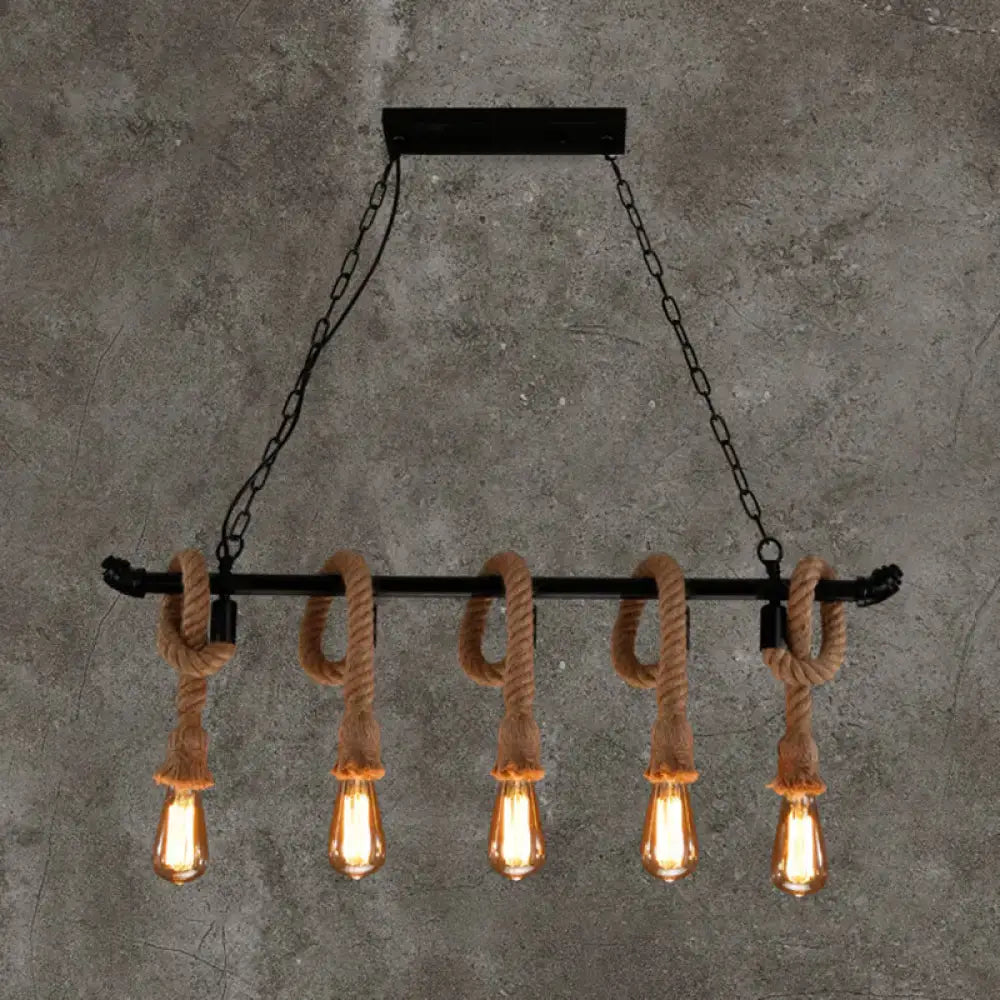 DecorBites™ rustic industrial black metal chandelier light with five edison bulbs and hemp rope hanging lamp