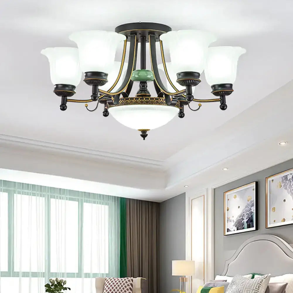 DecorBites rustic opal glass flower ceiling light fixture with black and gold ornate design and frosted shades for living room