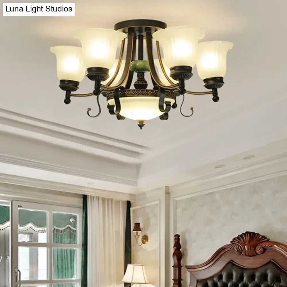 Antique bronze-finished ceiling light fixture with five frosted glass shades and central oval light by DecorBites™