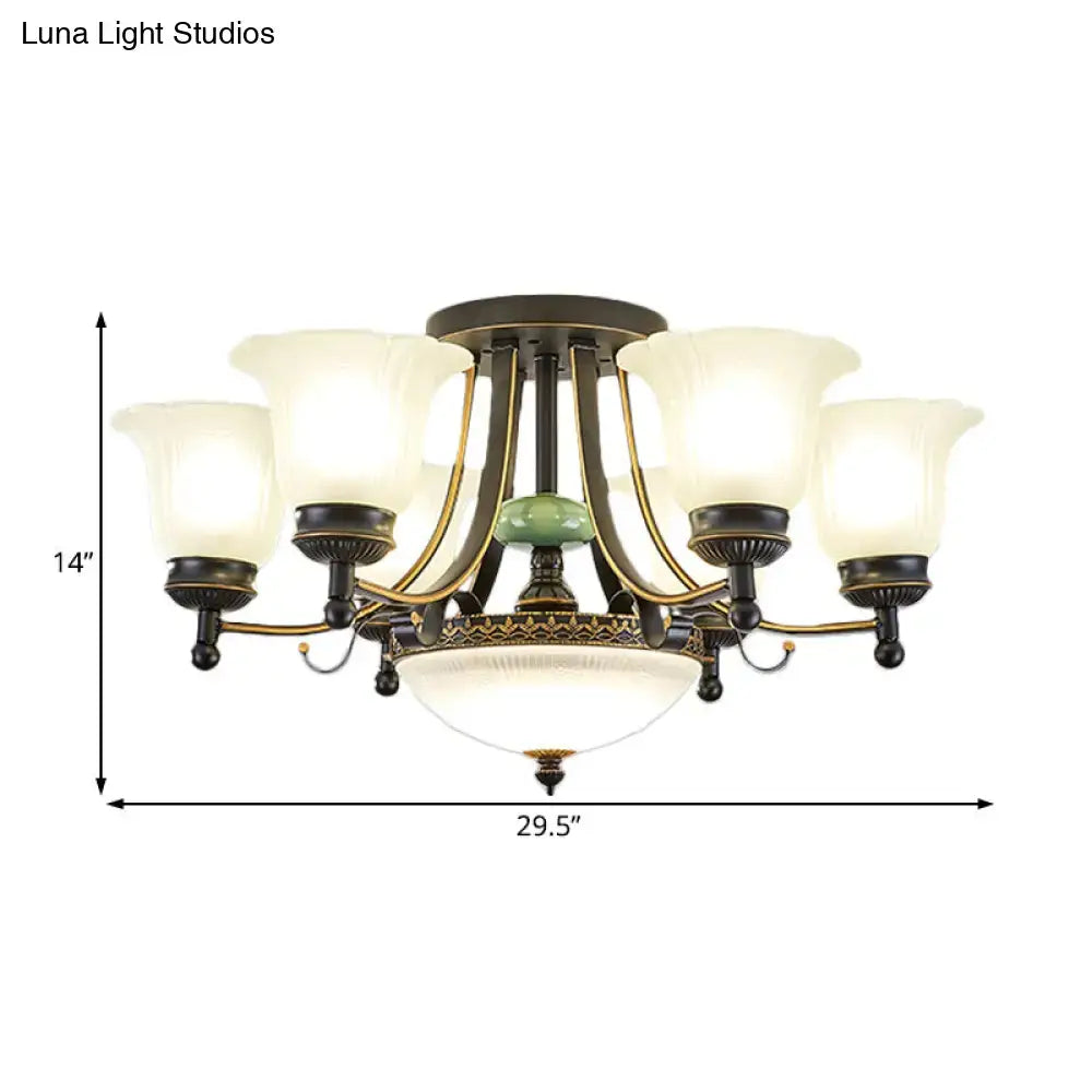 Antique brass and black finish DecorBites rustic ceiling light fixture with six frosted glass shades and green jade accent