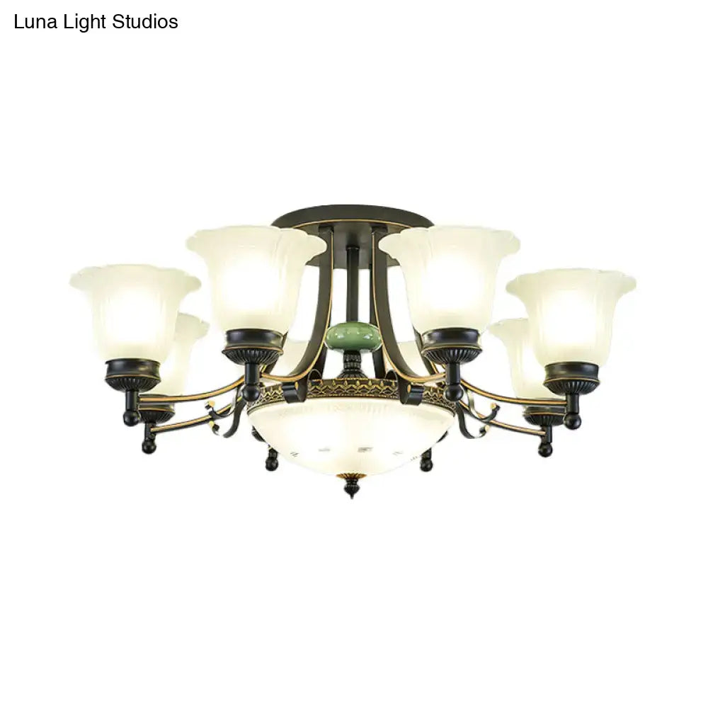 DecorBites rustic opal glass ceiling light fixture with antique brass finish six frosted shades and green jade accent