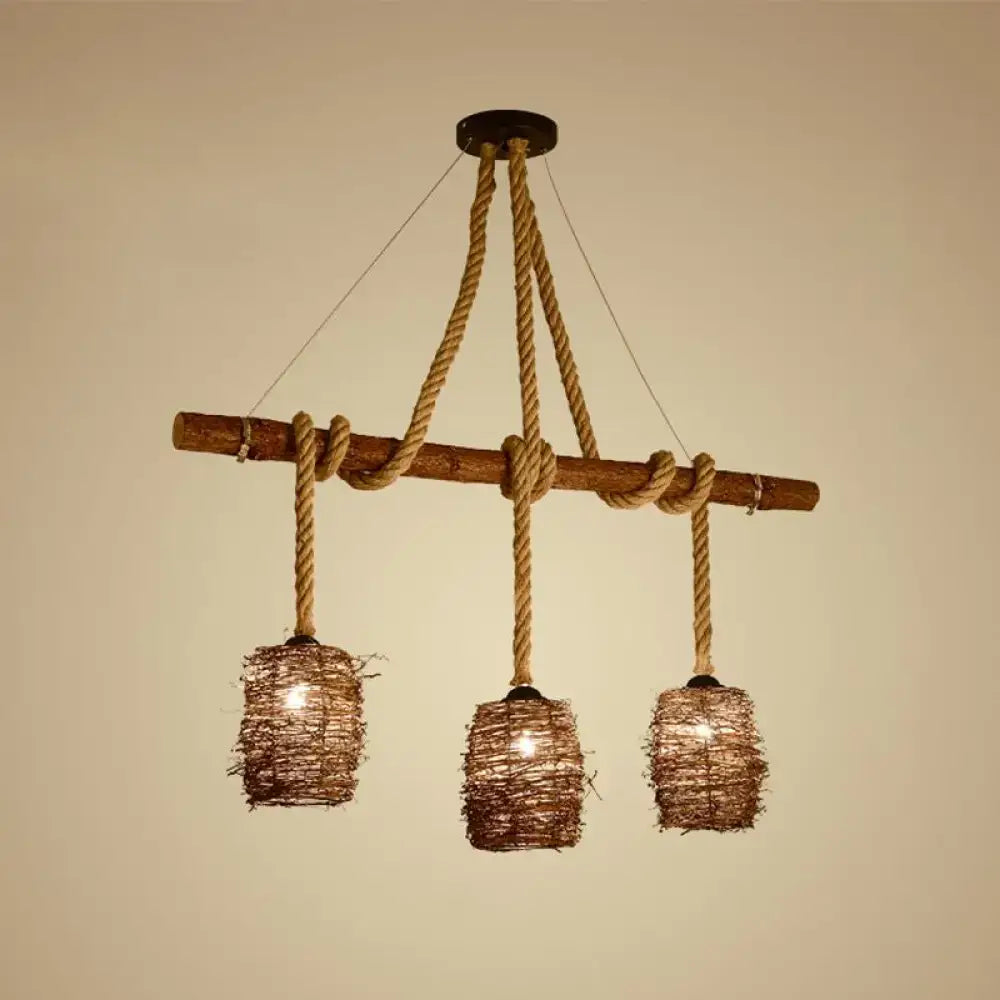 DecorBites rustic rattan woven island pendant light fixture with three brown rope shades for dining room hanging use