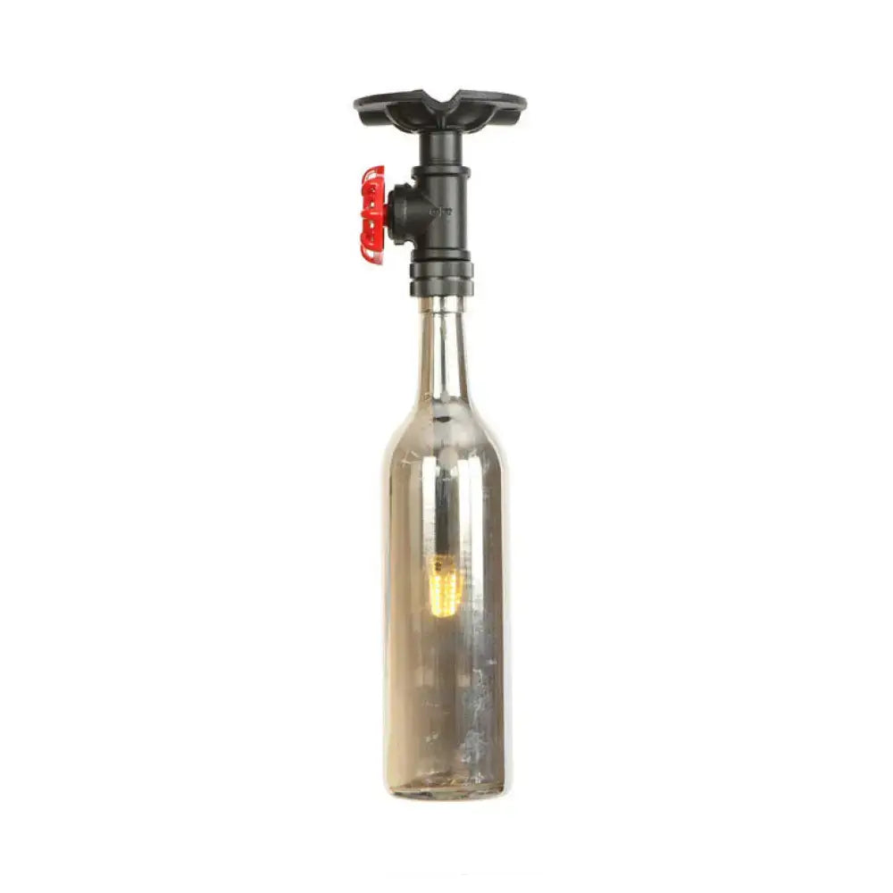DecorBites rustic single light semi flushmount with clear glass bottle shade and black pipe valve in industrial style