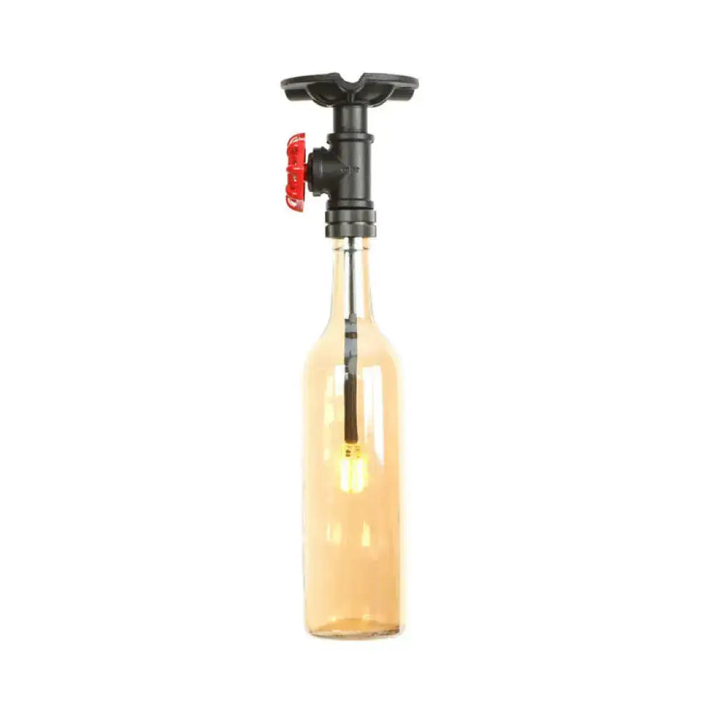DecorBites™ rustic single light semi flush bottle design with amber glass and black pipe valve red handle accents