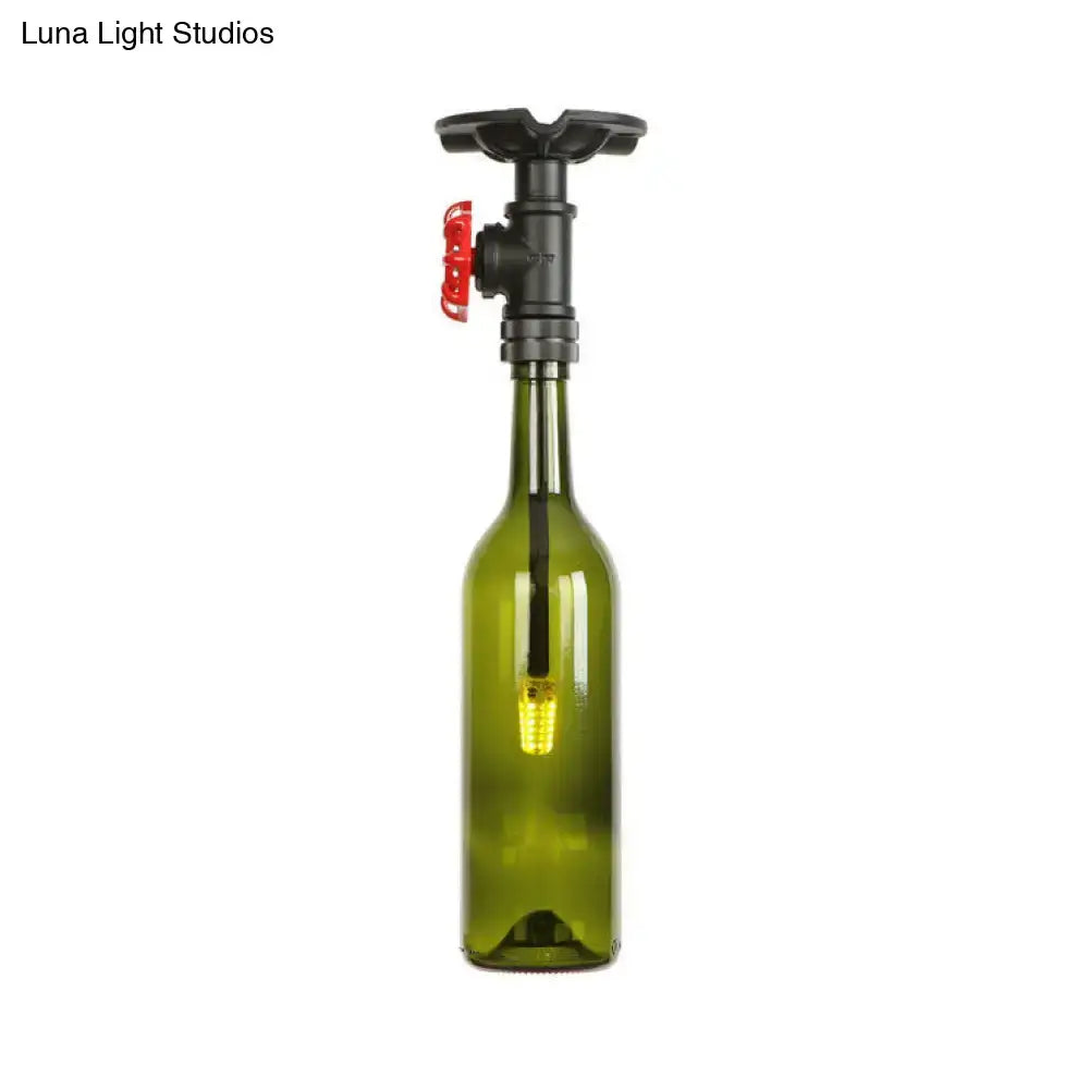 Decorbites rustic single light bottle semi flush with green glass shade and black pipe valve with red handle