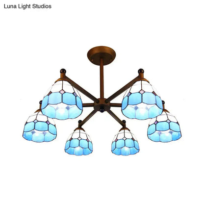 DecorBites rustic style stained glass chandelier light with blue glass and brass arms for dining room lighting