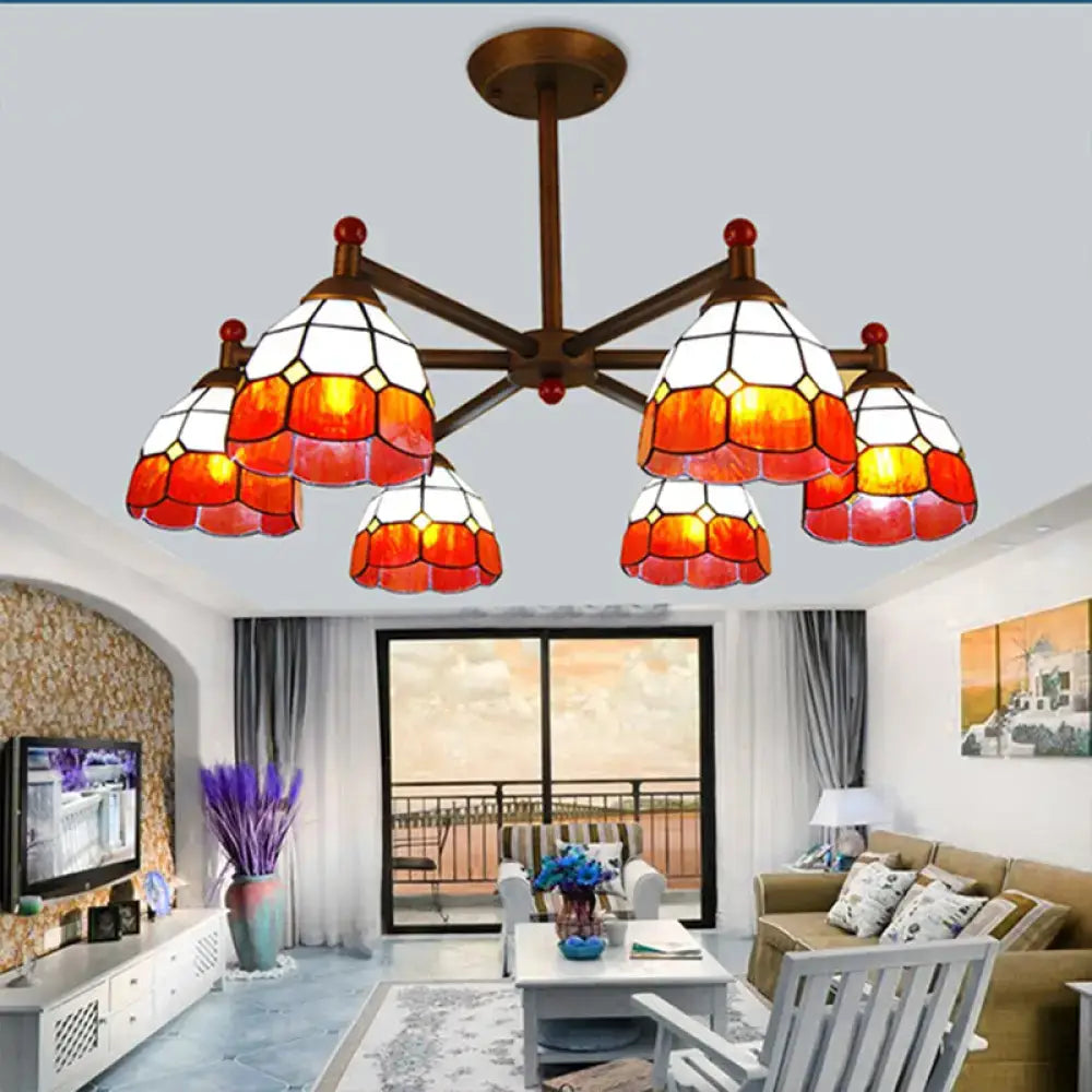 DecorBites™ rustic style chandelier light with five amber and white stained glass shades and bronze metal frame for dining room