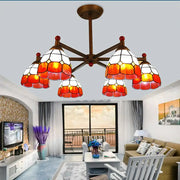 DecorBites™ rustic style chandelier light with five amber and white stained glass shades and bronze metal frame for dining room