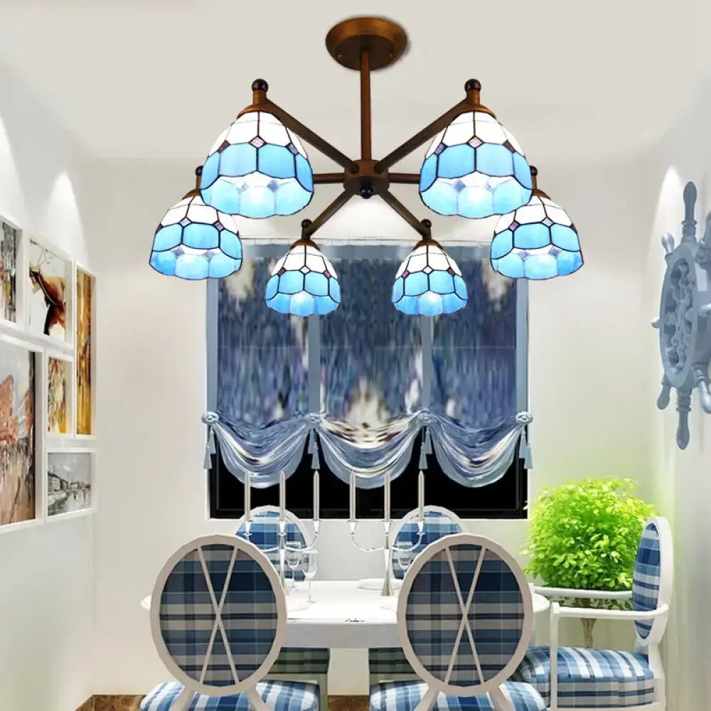 Decorbites rustic style stained glass chandelier light with blue domed glass and bronze finish for dining room pendant lighting