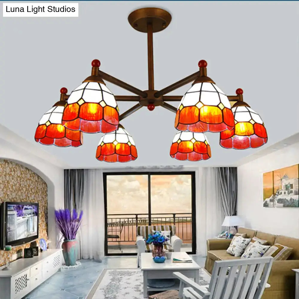 DecorBites™ rustic style chandelier light with five stained glass orange and white shades on a bronze metal frame