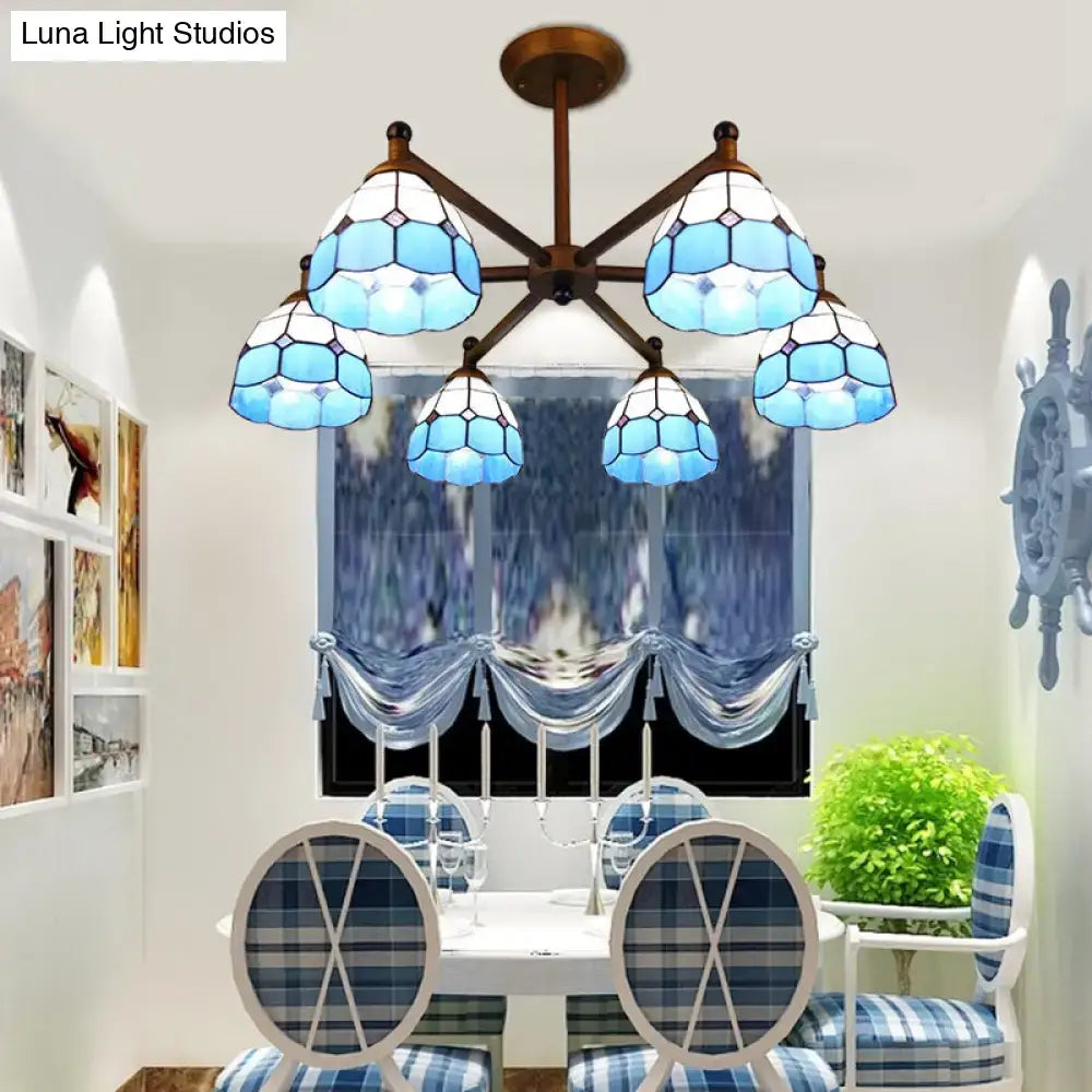 Blue stained glass chandelier light with wooden frame in rustic style for dining room by DecorBites
