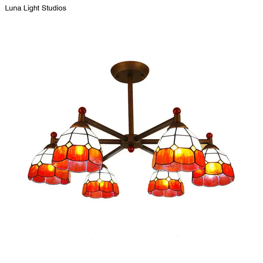 DecorBites™ rustic style chandelier light with five stained glass amber and white shades and brass metal frame