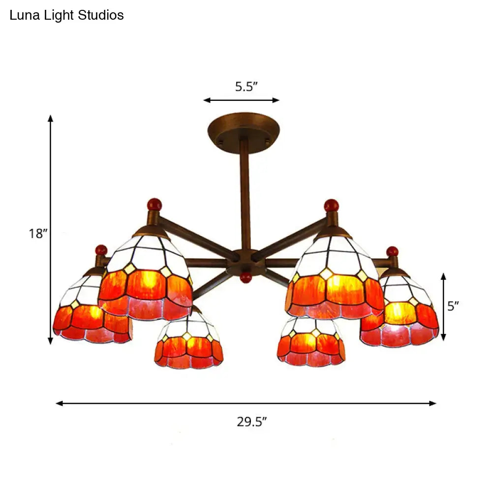 Decorbites rustic style chandelier light with five stained glass shades in amber and orange brass arms for dining room