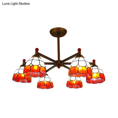 Decorbites rustic style chandelier light with five amber and white stained glass shades in bronze metal frame