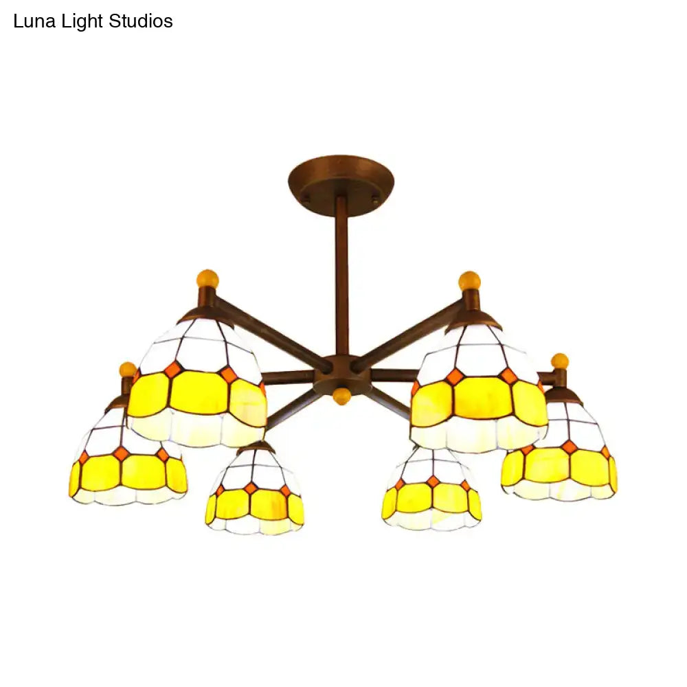 Decorbites rustic style chandelier light with five yellow white and orange stained glass shades in dark bronze frame
