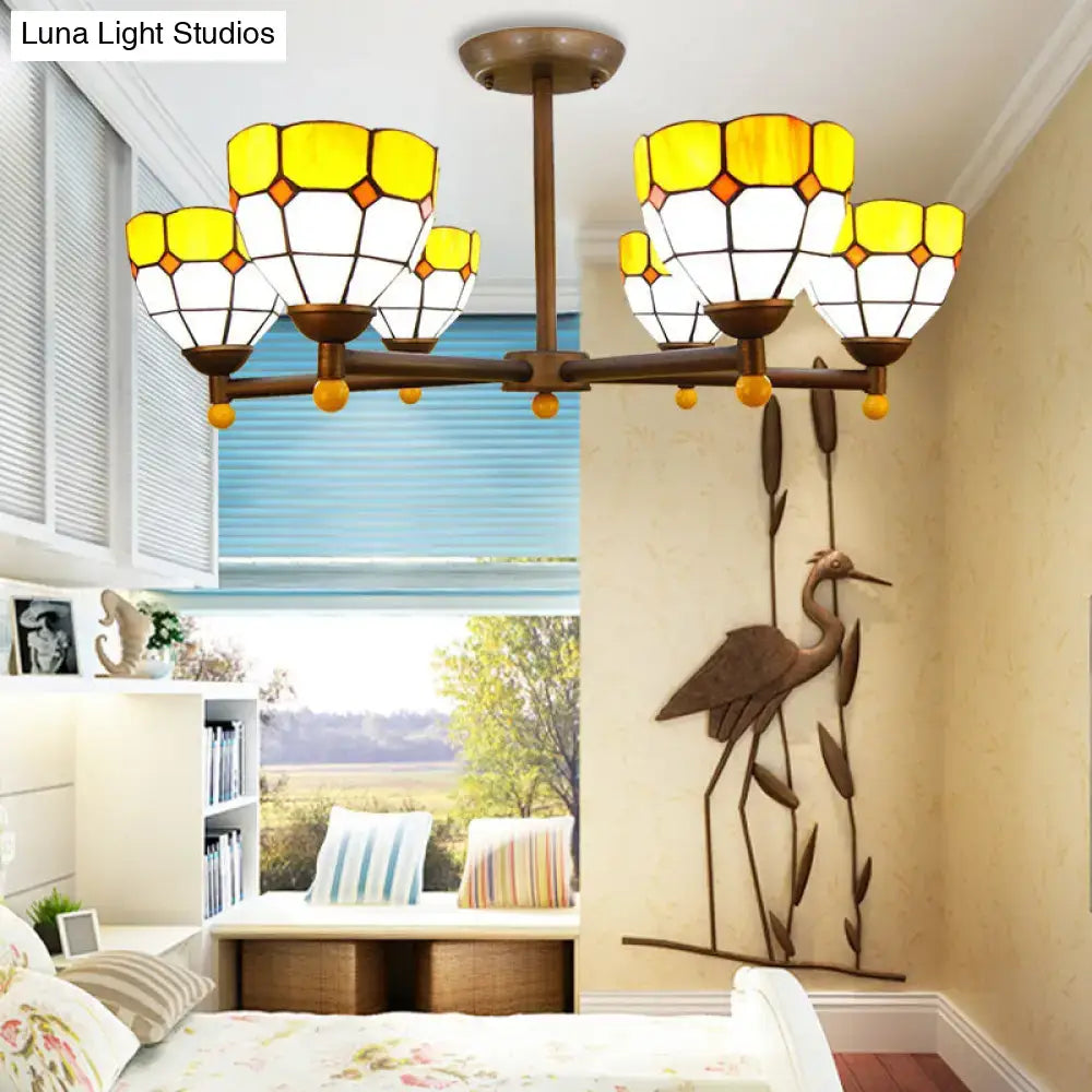 DecorBites Rustic Style stained glass chandelier light with yellow and white panels and bronze metal frame for dining room