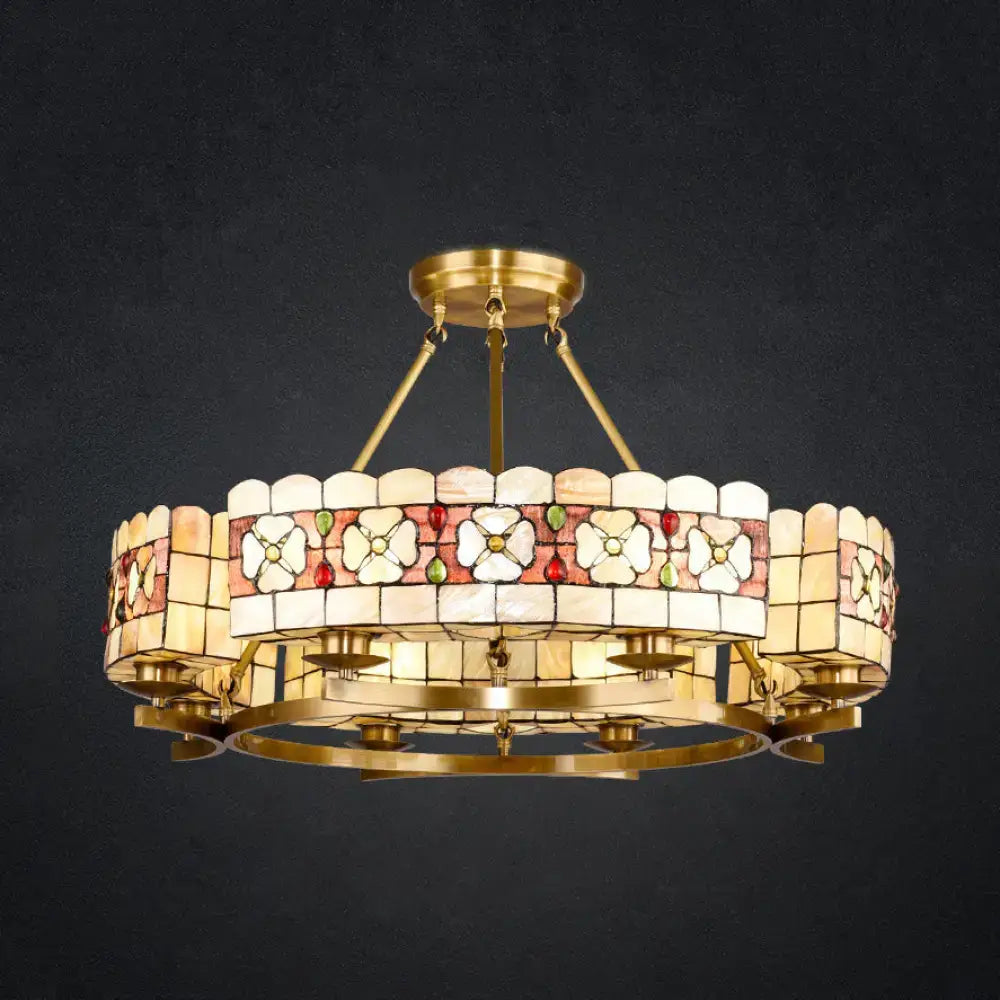 Brass-framed rustic vintage stained glass chandelier with white pink and red floral motifs for 220v-240v 110v-120v use